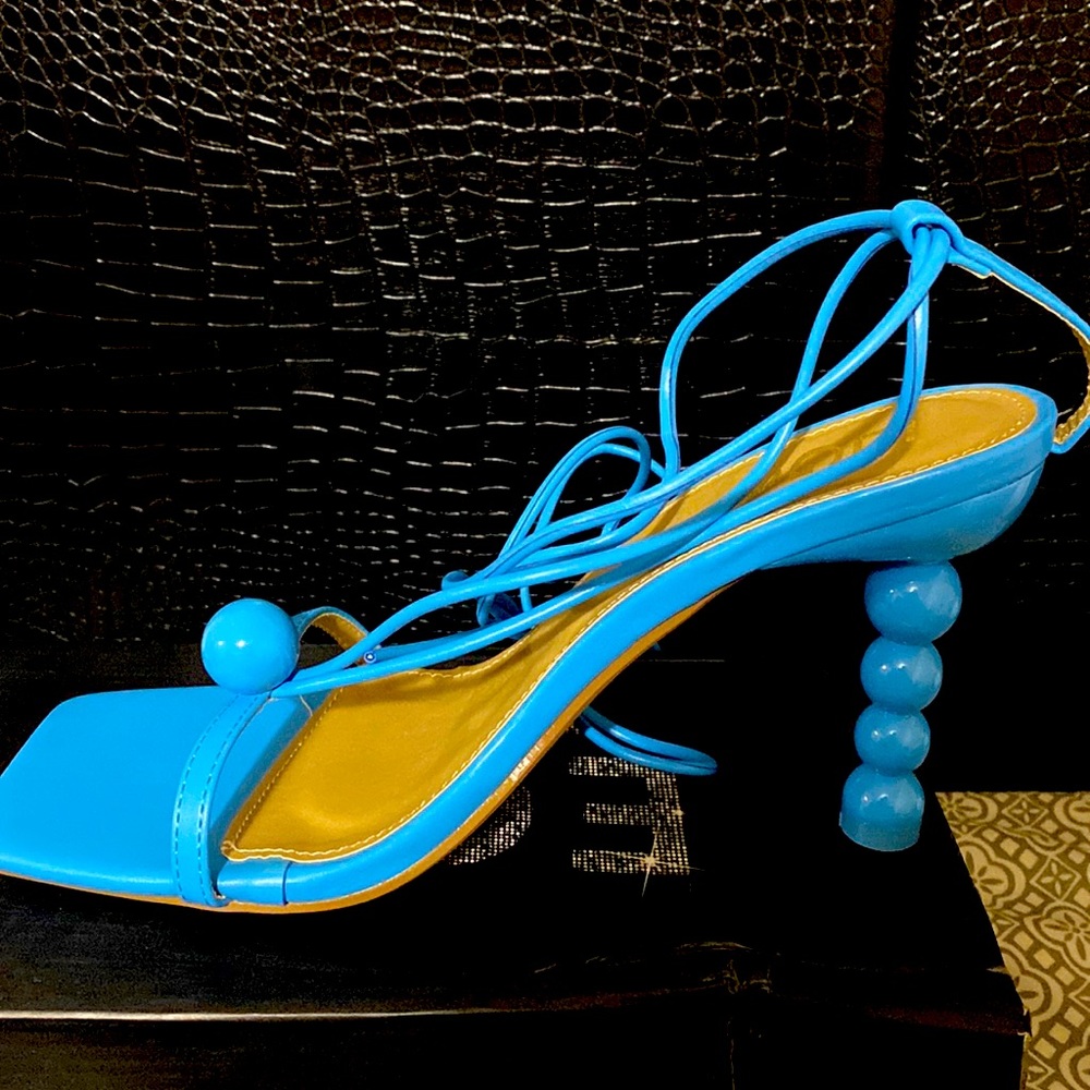 Bright blue wrap around strap heels